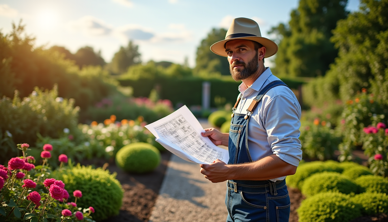 Homme au chapeau tenant un plan dans un jardin fleuri