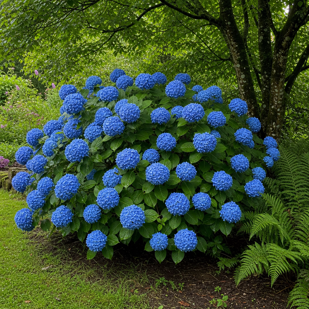 Hortensia bleu fleuri dans un jardin de mi-ombre