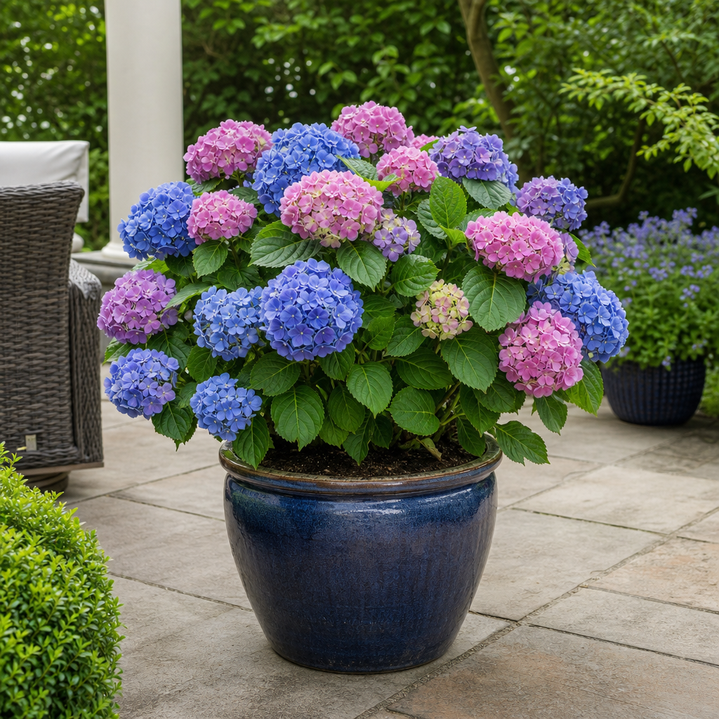 Hortensia fleuri dans un grand pot