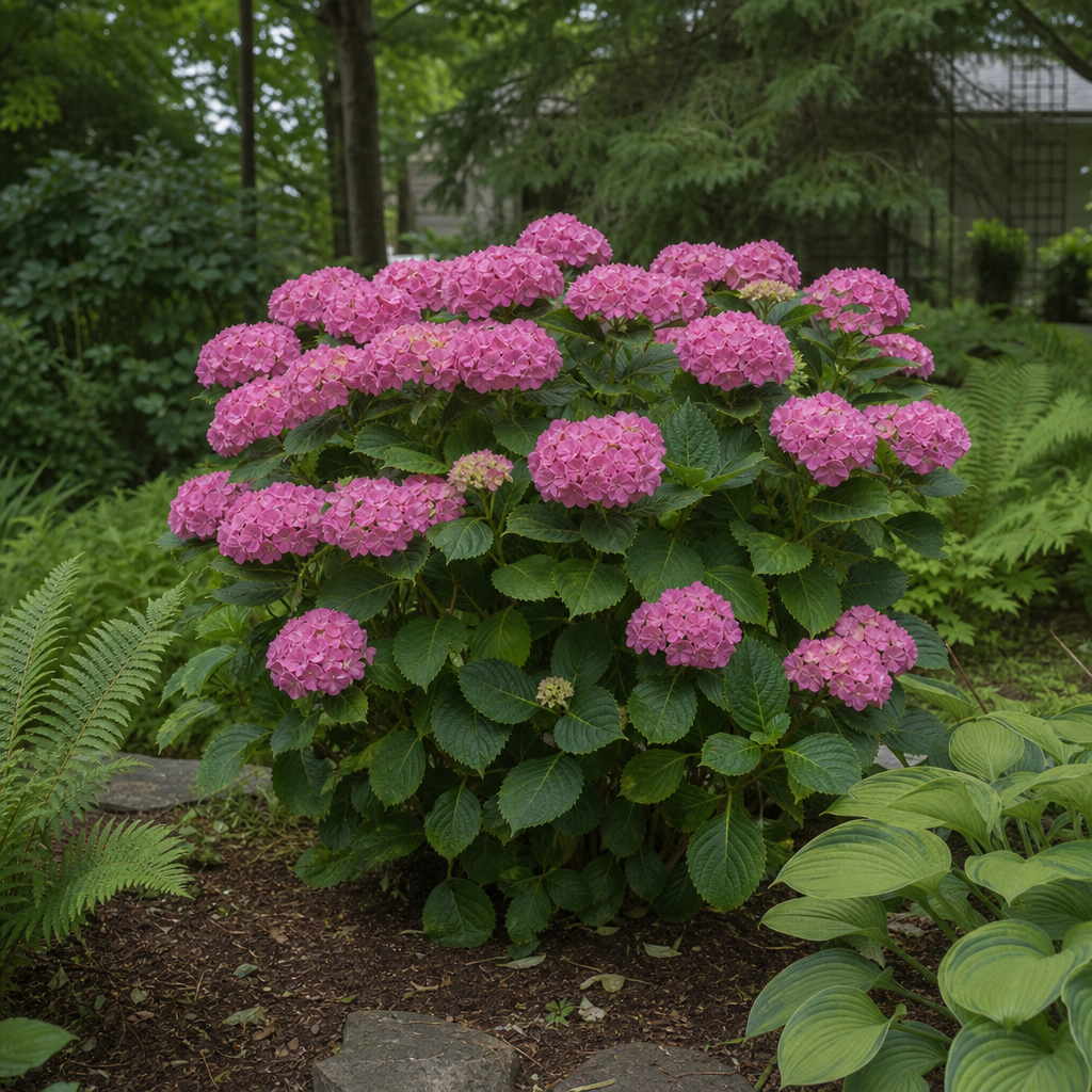 Hortensia rose fleuri dans un jardin de mi-ombre