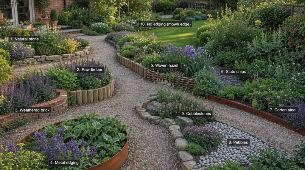 Jardin fleuri avec bordures variées autour des massifs