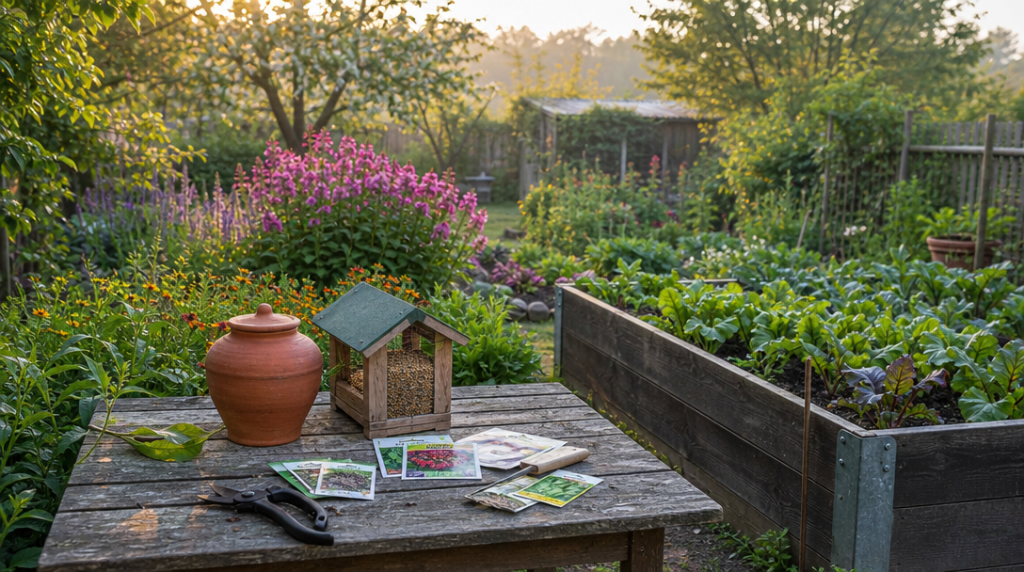 Idées cadeaux jardin sur table près d’un potager