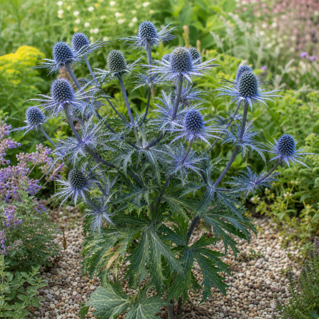Capitules bleus et feuillage épineux du chardon bleu