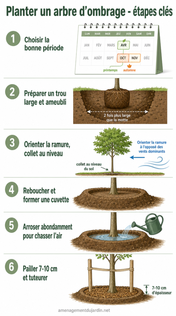 Infographie détaillant 6 étapes pour planter un arbre d’ombrage