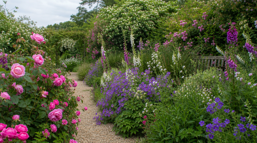 Massif fleuri aux courbes souples dans un jardin anglais