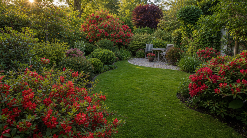 Jardin familial avec arbustes rouges en pleine floraison