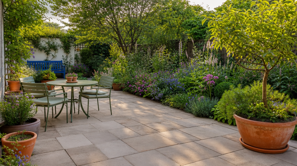 Terrasse fleurie avec pots colorés et feuillages variés