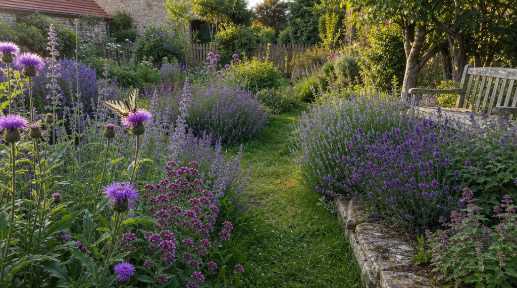 Jardin fleuri avec papillon et bande de prairie sauvage