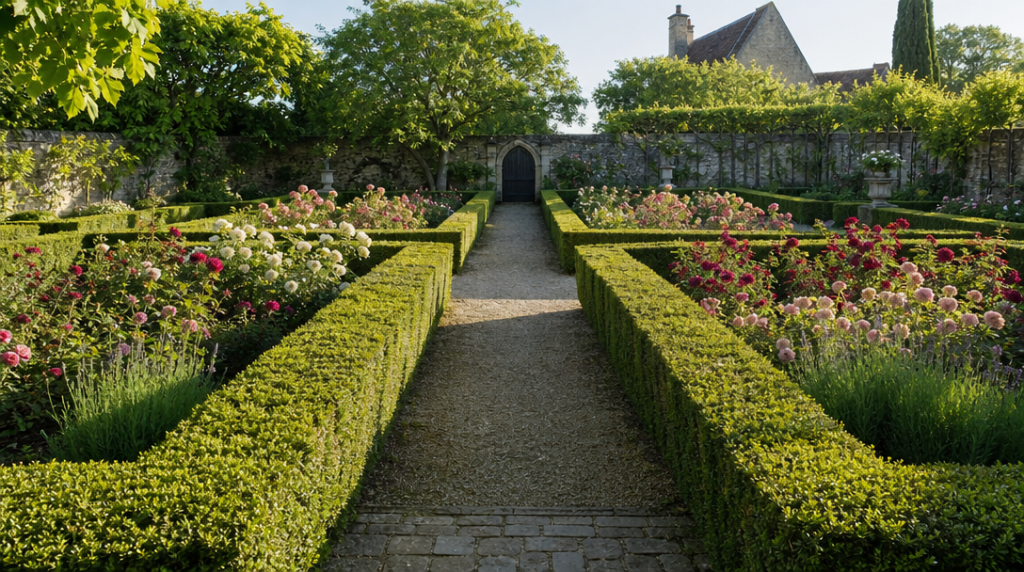 Haies taillées et parterres symétriques d'un jardin classique