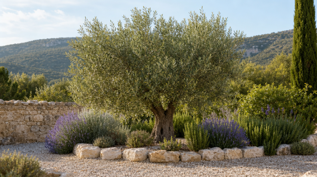 Olivier, lavandes et gravier dans un jardin sec