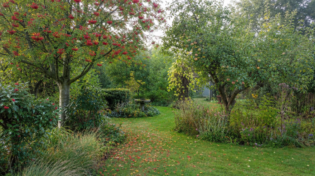 Jardin naturel avec sorbier, haie et oiseaux