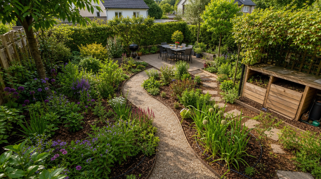Jardin réorganisé avec allée en gravier et massifs paillés