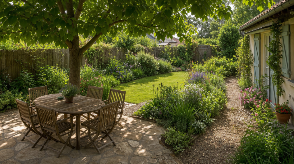 Terrasse d’été ombragée sous un arbre au feuillage dense