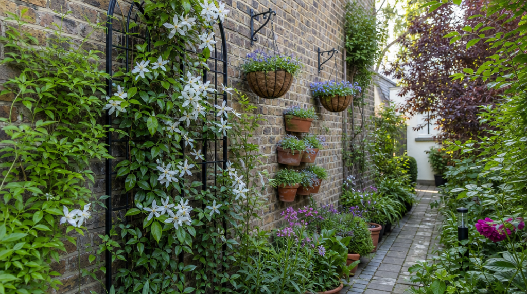 Treillis et suspensions dans un petit jardin vertical