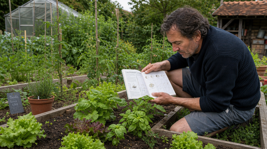 Jardinier consultant un calendrier lunaire dans son potager