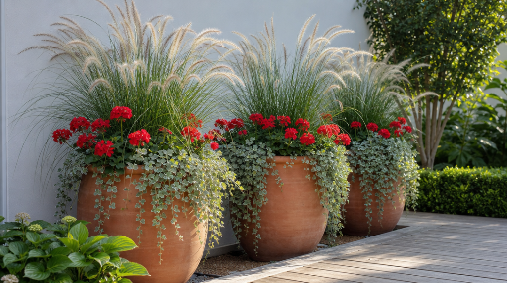 Grandes jardinières fleuries et graminées dans un jardin