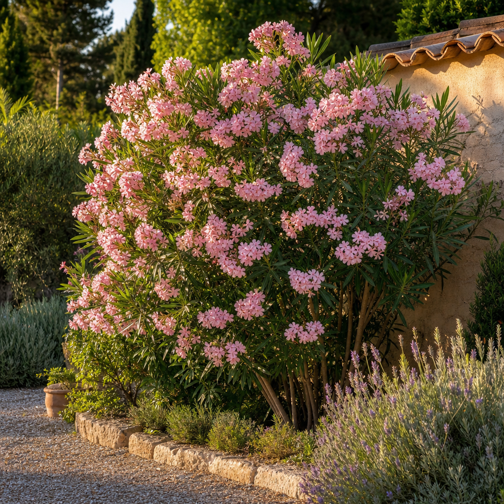 Laurier-rose rose fleuri dans un jardin méditerranéen