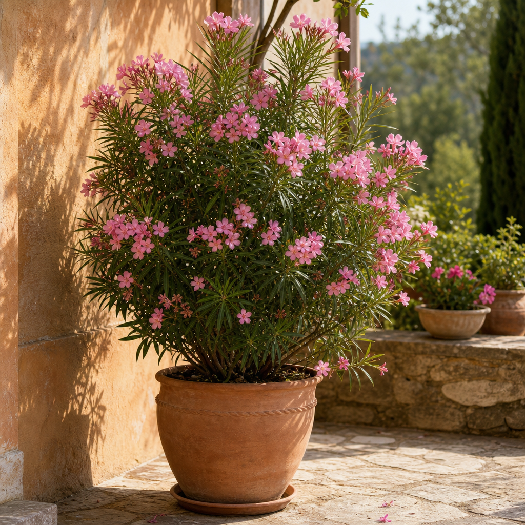 Laurier-rose rose fleuri dans un grand pot