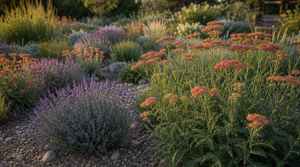 Achillées terracotta et lavandes dans un jardin sec