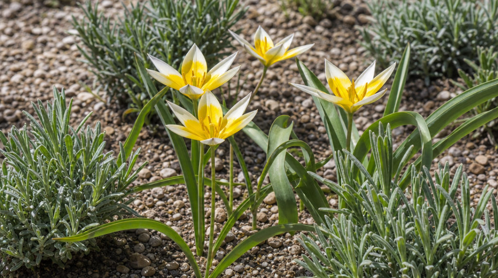 Tulipes botaniques parmi feuillages de lavande au printemps