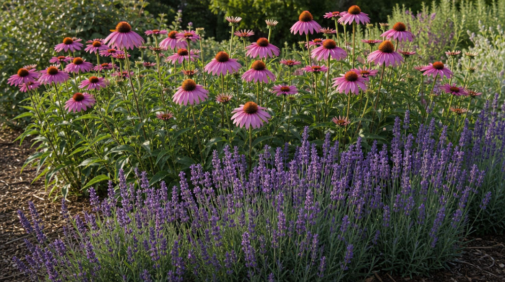 Échinacées roses et lavandes violettes dans un massif