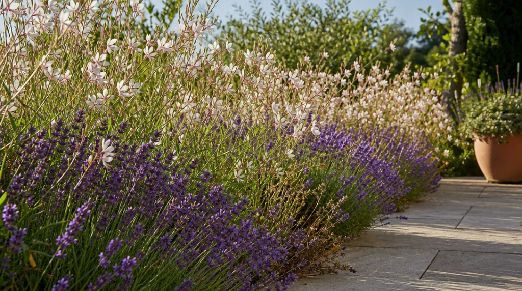 Gaura blanc et lavandes dans une bordure fleurie