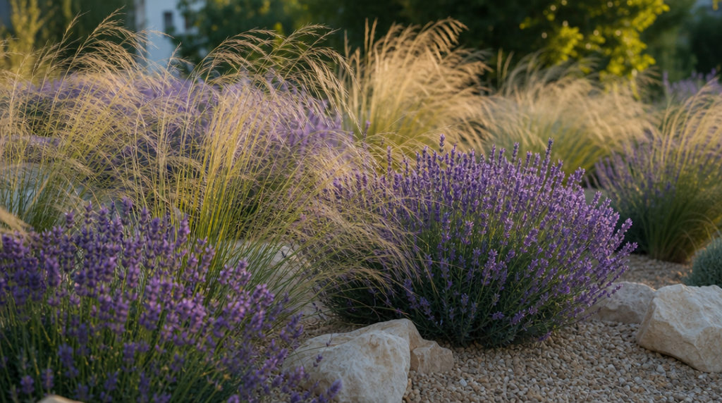 Lavandes violettes et graminées blondes dans un jardin sec
