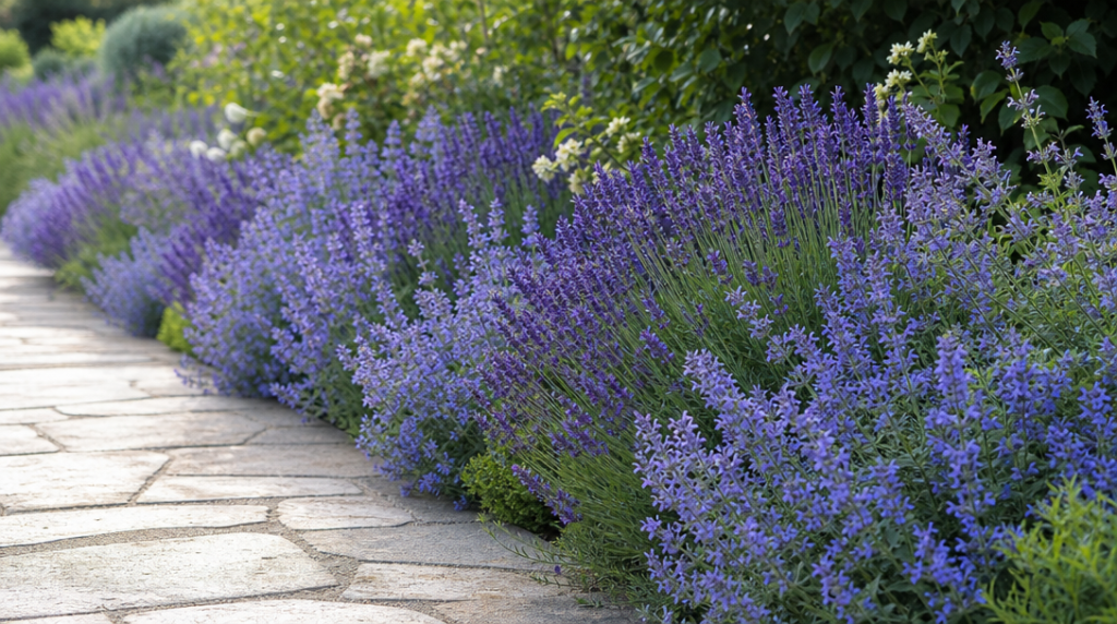 Nepeta bleu mauve et lavandes au bord d’une allée