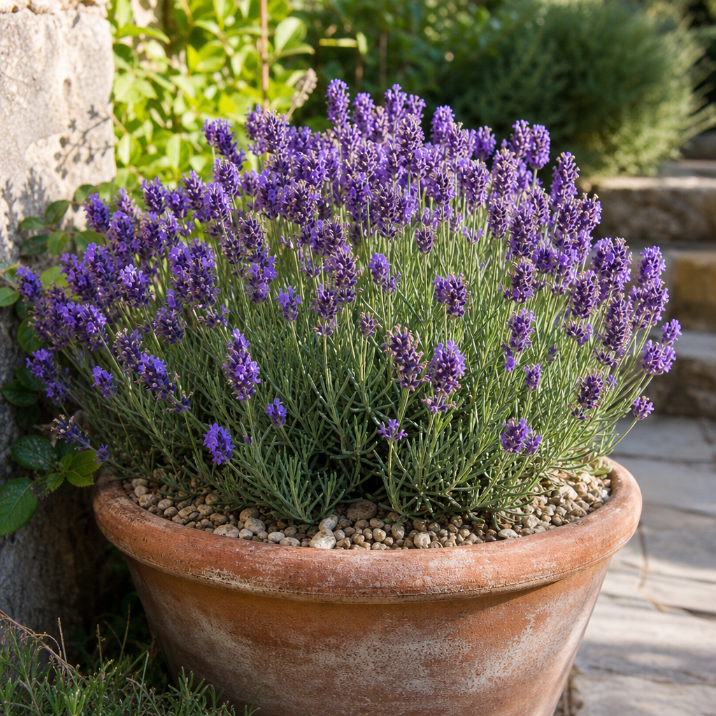 Lavande violette en pot sur terrasse ensoleillée
