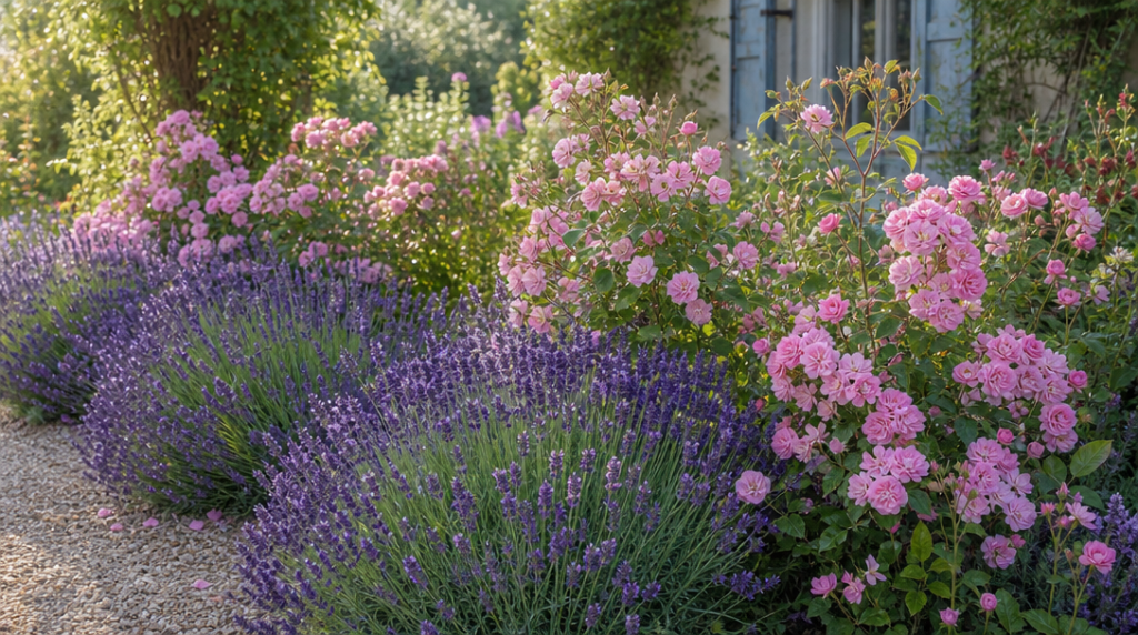 Rosiers roses derrière lavandes mauves dans un massif