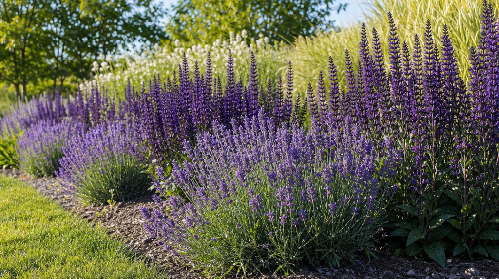 Lavandes et sauges violettes dans une bordure ensoleillée