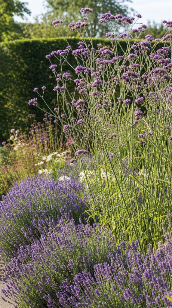 Verveine violette haute derrière des lavandes fleuries