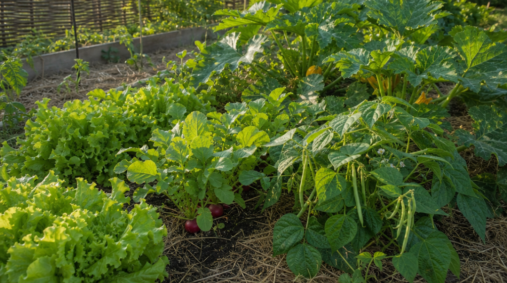 Salades radis haricots et courgettes au potager