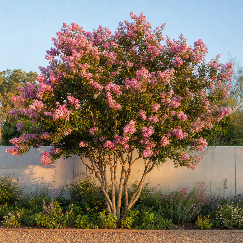 Lilas des Indes rose fleuri dans un jardin ensoleillé
