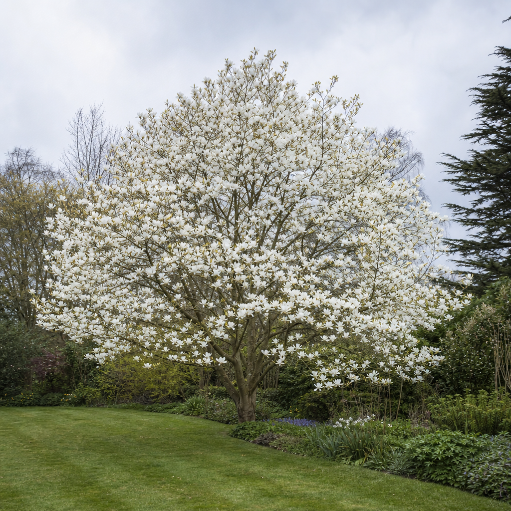 Magnolia blanc en pleine floraison sur une pelouse