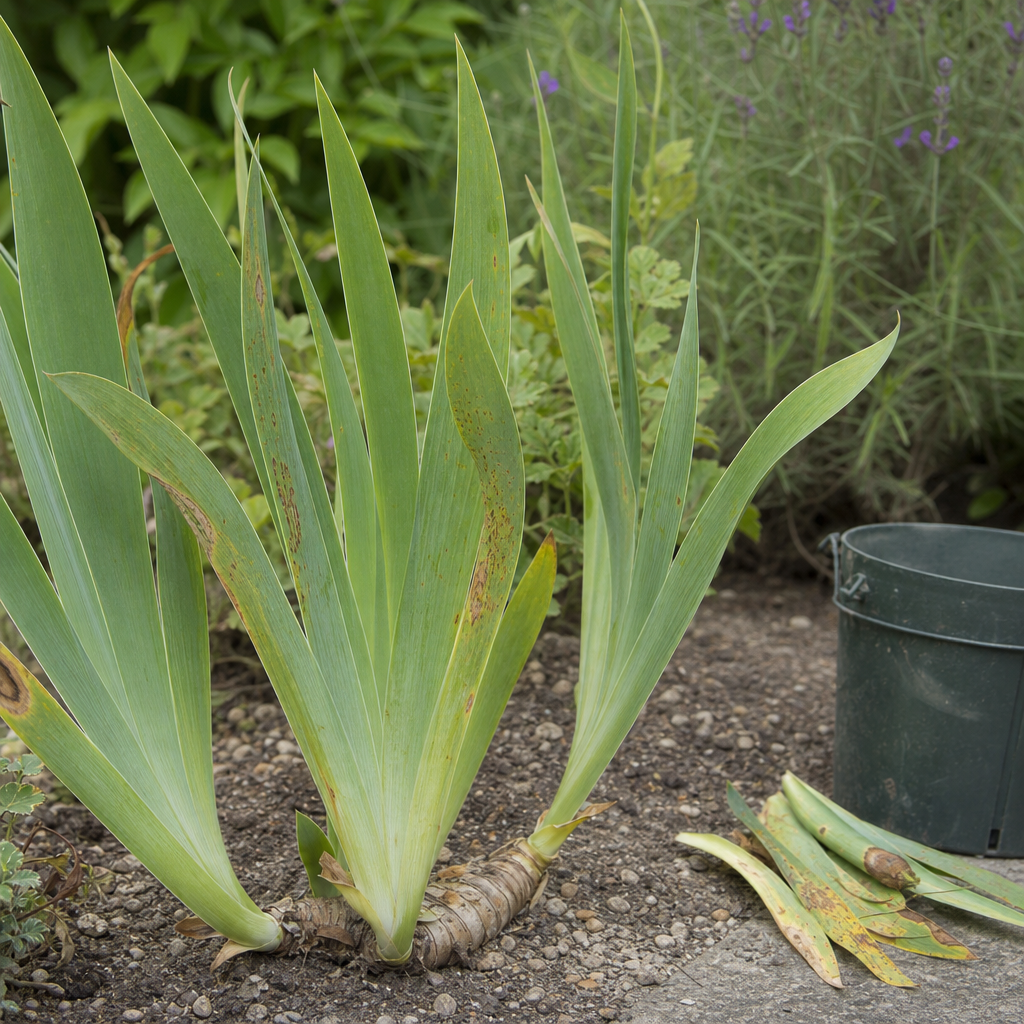 Feuillage d'iris taché au-dessus d'un sol drainant