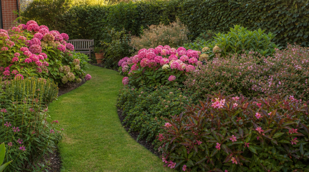 Massif rose associant plusieurs arbustes fleuris