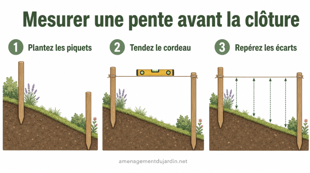 Schéma de relevé du dénivelé avec piquets et cordeau