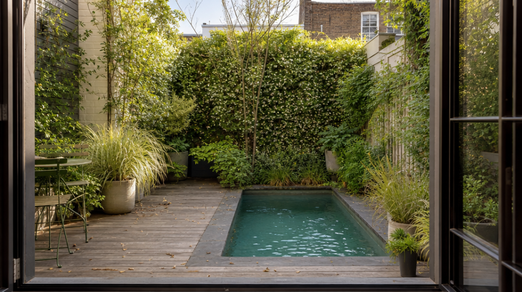 Mini-piscine rectangulaire dans petit jardin urbain végétalisé