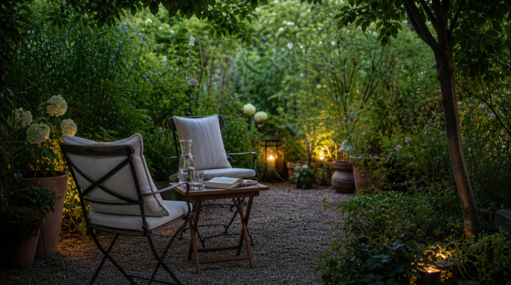 Fauteuils légers dans un espace de détente végétalisé