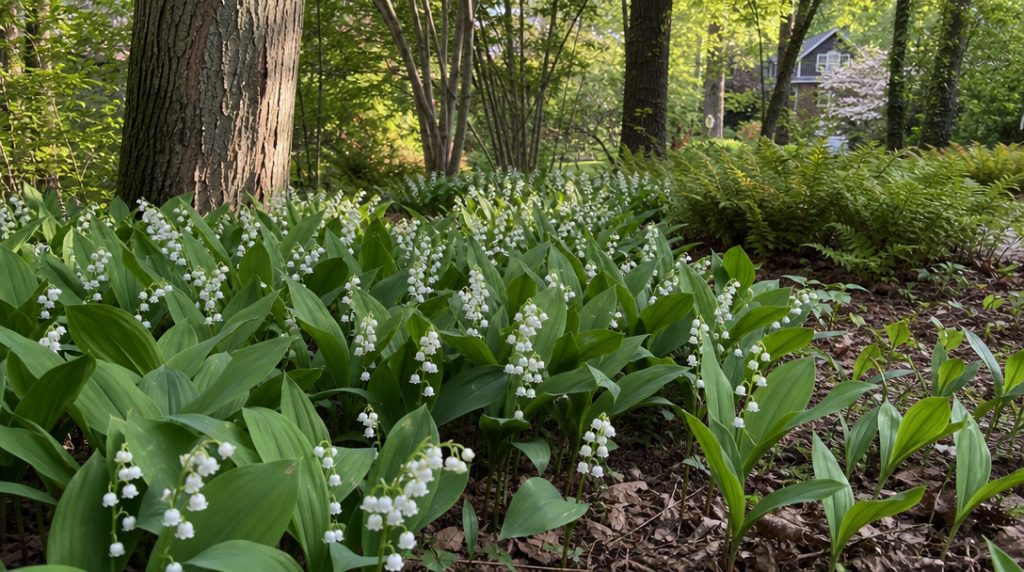 Muguet blanc en fleurs sous des arbres caducs