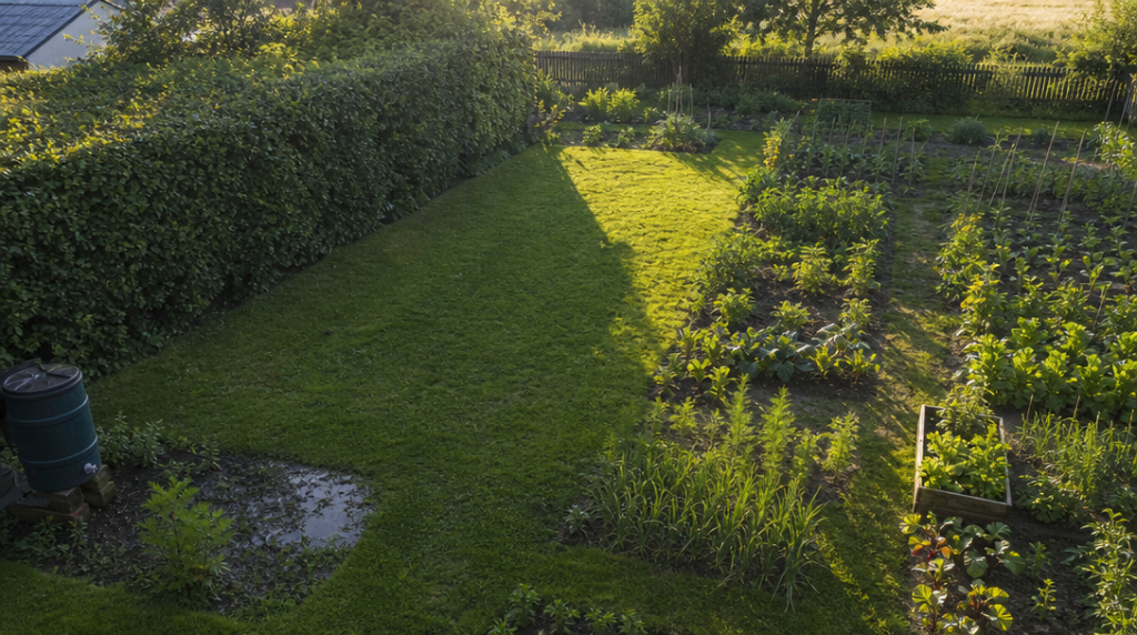 Jardin montrant soleil, haie et zone humide