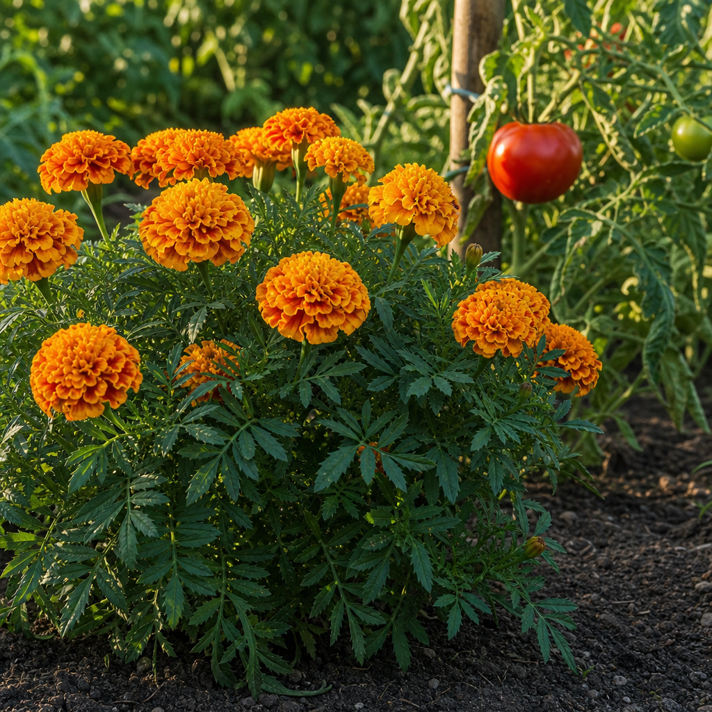 Fleurs orange d’œillet d’Inde près d’une tomate