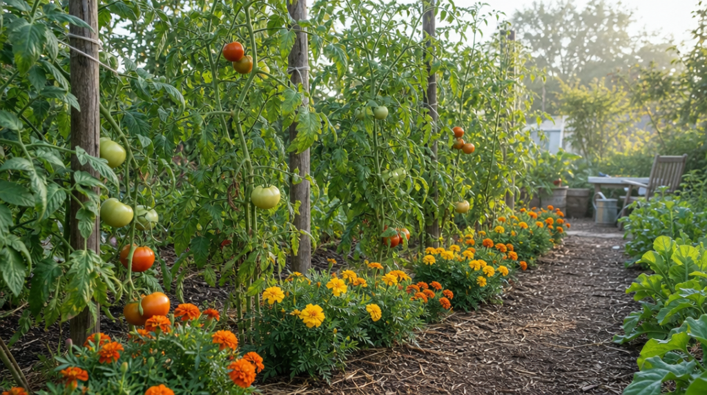 Tomates tuteurées entourées d’œillets d’Inde fleuris