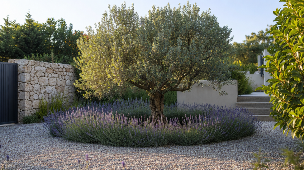 Olivier entouré de lavandes dans un petit jardin méditerranéen