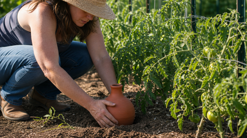 Olla en terre cuite installée près de tomates