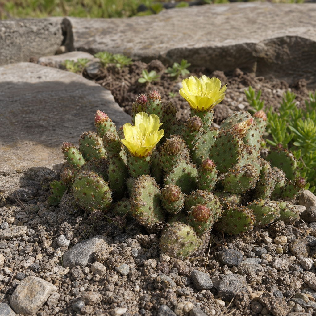 Petit Opuntia fragilis sur gravier dans une rocaille