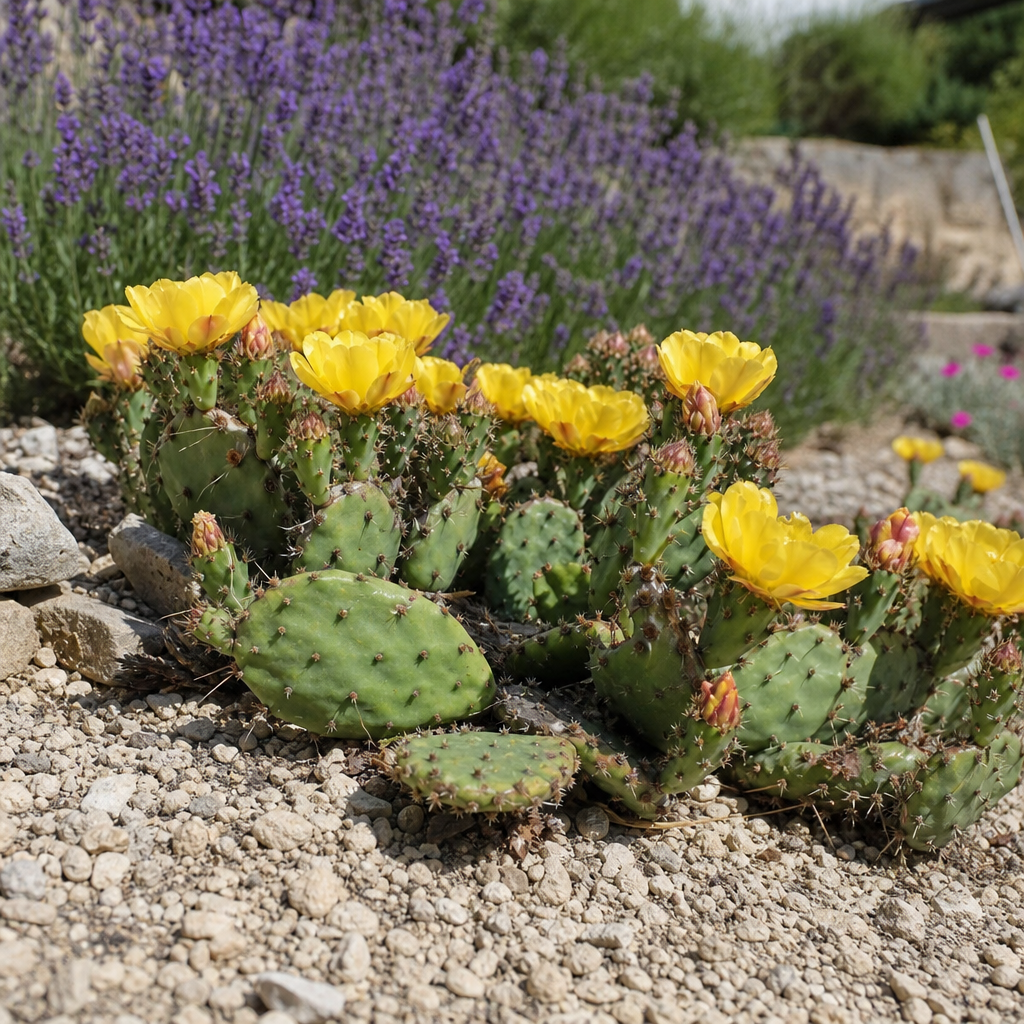 Opuntia humifusa fleuri parmi graviers et pierres claires