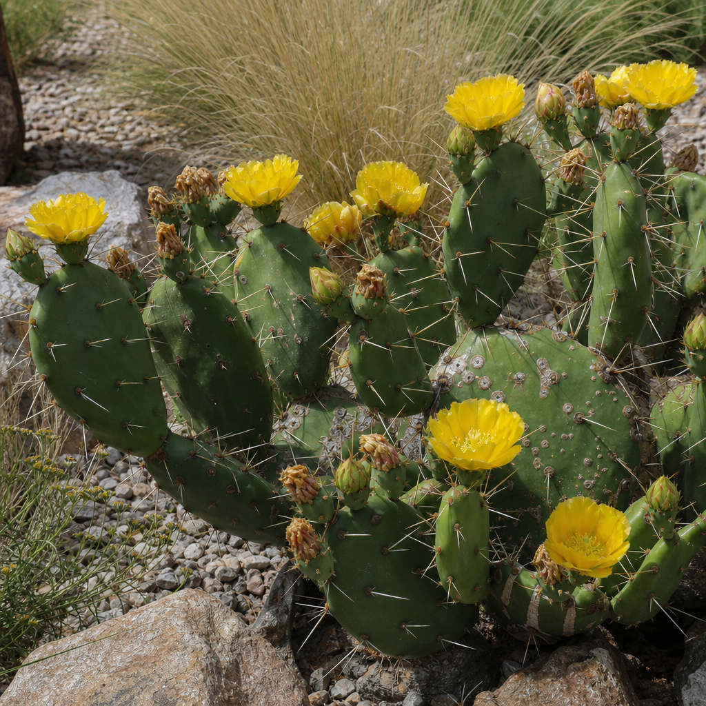 Opuntia polyacantha épineux aux fleurs jaunes en rocaille