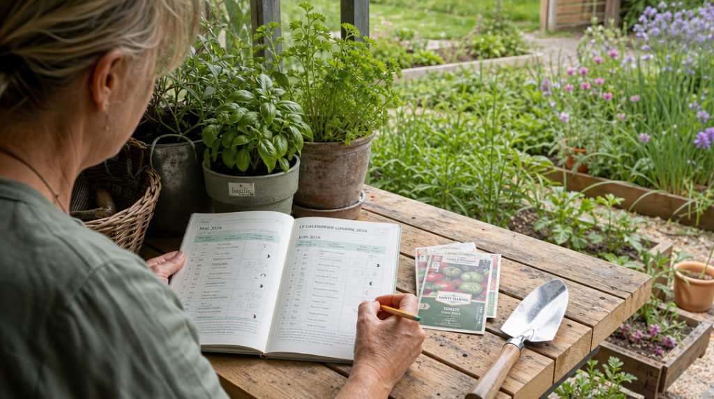 Calendrier lunaire et semences préparés pour le jardin